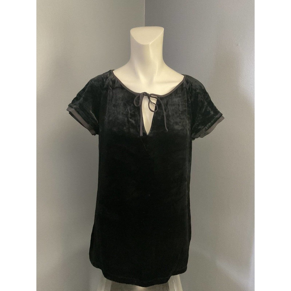 Theory Black Velvet Short Sleeve Shirt women’s Size Medium vneck tie bow